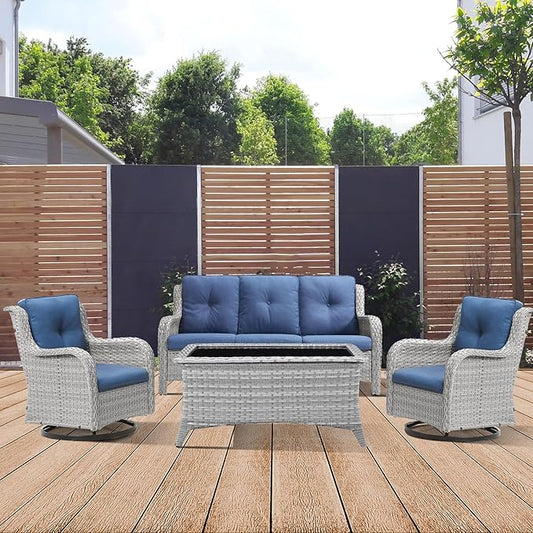 Patio Furniture 4 Piece, All-Weather PE Wicker Outdoor Furniture Set with Coffee Table,Outdoor Patio Furniture with Swivel Rocker Chairs and Outdoor Sofa