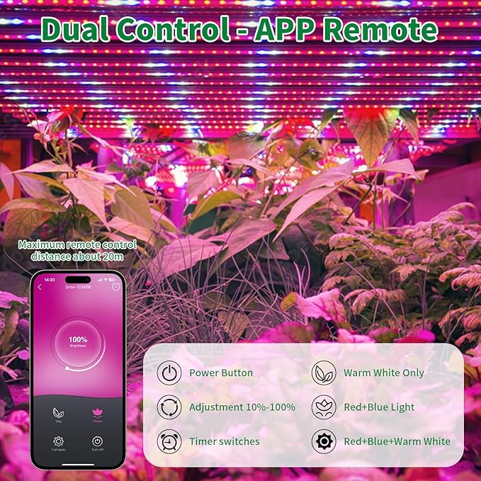 LED Grow Light Strips, 100FT APP Control IP67 Waterproof, 24W Full Spectrum, Auto ON&Off 4/8H Timer, 2.4G Remotely,10 Dimmable Levels for Indoor Plant Growing (Red Bulb WW)