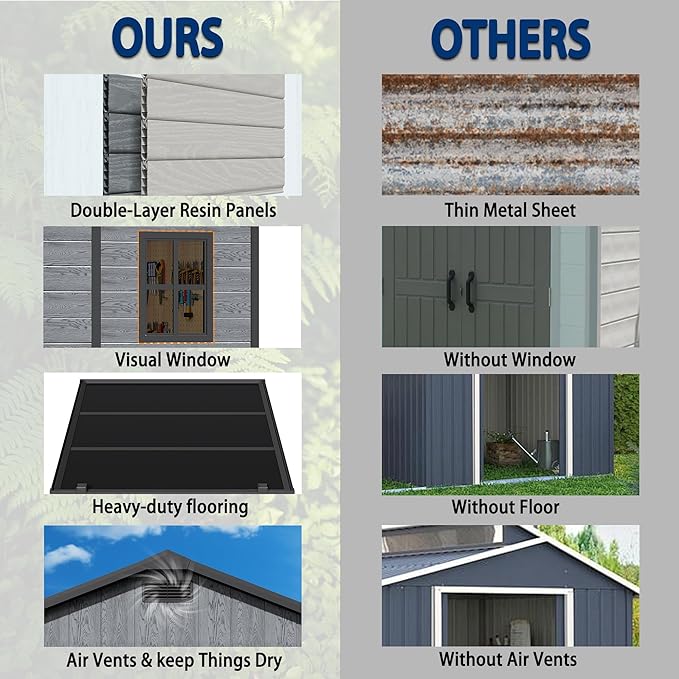 10x8 FT Resin Outdoor Storage Shed with Floor, Weather-Resistant Plastic Garden Shed with Windows, Lockable Door and Vents, Outside Tool Storage Sheds for Backyard, Garden, Patio, Lawn, Wood Grain