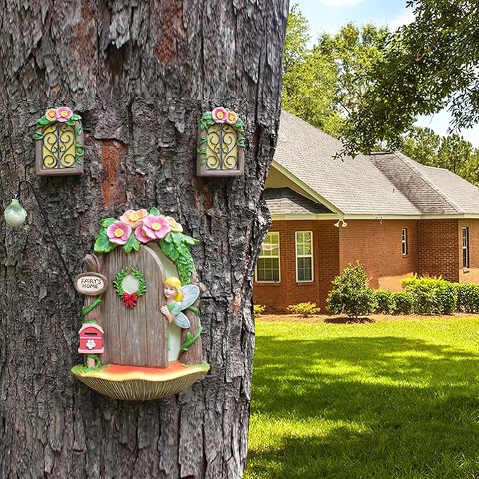 Fairy Door and Windows Garden Kit Accessories Outdoor, Glow in Dark Gnome House for Tree, Lawn Yard Art Sculpture, Miniature Garden Decor (Fairy)