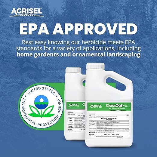 GrassOut Max Weed Killer, Targets 50+ Grassy Weeds Without Harming Desired Plants, Pet Safe, Large Area Treatment, Easy Application, Includes 3-Pack of Agrisel Protective Gloves, 128 Ounces