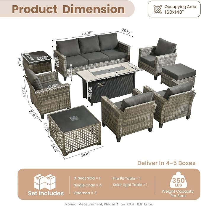 HOOOWOOO Outdoor Patio Furniture Set,9 Pieces Wicker Conversation Set,All Weather Couch Set with Fire Pit Solar Light Table Chairs Ottoman 9 Seaters for Out Door Yard(Black)