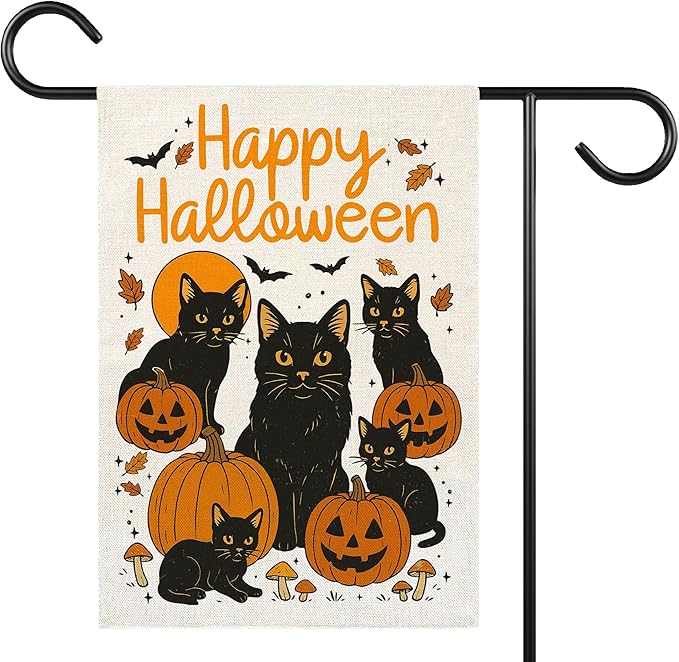 Happy Halloween Garden Flag for Outside, 12x18 Inch Double Sided Halloween Black Cat Pumpkin Yard Flag, Farmhouse Small Yard Flags for Outdoor Decorations, Holiday Decor Gifts-A08