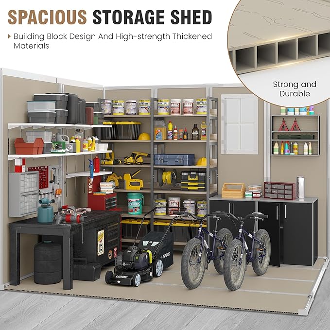 Outdoor Storage Shed, 8x8 FT Resin Shed with Floor and Lockable Door, Window & Vents, Tool Sheds & Outdoor Storage for Bike, Garden Accessories, Tools, Waterproof (Light Brown)