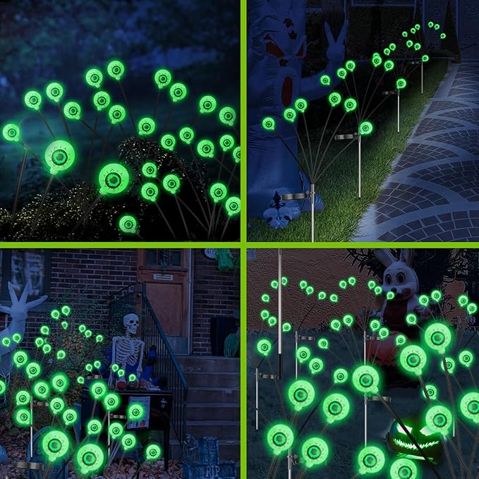 VOTTGO Halloween Solar Lights Outdoor, 8 Pack 48LED Scary Solar Eyeball Pathway Lights, 2 Modes Waterproof Swaying Solar Firefly Lights for Garden Yard Pathway Halloween Decorations, Green