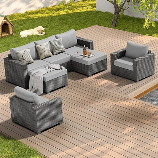 ABCASA Patio Furniture Set, Oversized 7 Piece 5 Seats Comfortable Wicker Rattan Outdoor Furniture Set with Ottoman,Deep Seat & 4.72'' Soft Cushion Patio Conversation Sets for Porch,Deck,Backyard,Grey