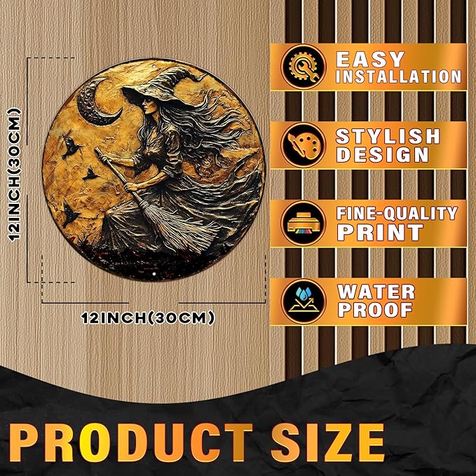 PEACHGARDEN Round 2D Halloween Witch Broom Vintage Sign Halloween Witch Metal Tin Sign for Home Bar Kitchen Hotel Dining Room Coffee 12x12inch