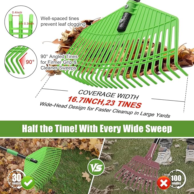 Poly Garden Rake for Leaves - 16.5'' Plastic Leaf Rake for Yard Lawn, 75'' Adjustable Outdoor Heavy Duty Rakes for Sweep Leaves,Grass, Pine Needle,Lightweight Long Handle for Women Seniors Kids