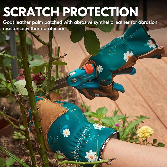 Vgo... 1Pair Gardening Gloves for Women, Goatskin leather Thorn Proof Working Gloves for Weeding, Digging, Raking, Pruning and Planting,Touchscreen(S,Dark Green,GA7471)