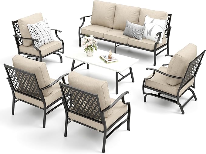 Patio Furniture Set 6 pcs, Outdoor Patio Furniture, 1 X 3-Seat Sofa, 2 X Single Chairs, 2 X Rocker Chairs, 1 X Coffee Table and 5.75" Extra Thick Cushion, Patio Conversation Set,Beige