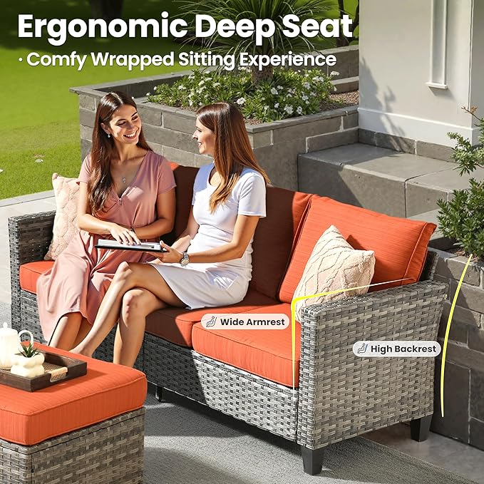 ovios Patio Furniture Set, 5 Pieces Outdoor Wicker Sofa Couch with Chairs, Ottomans and Comfy Cushions, All Weather High Back Rattan Conversation Set, Orange Red