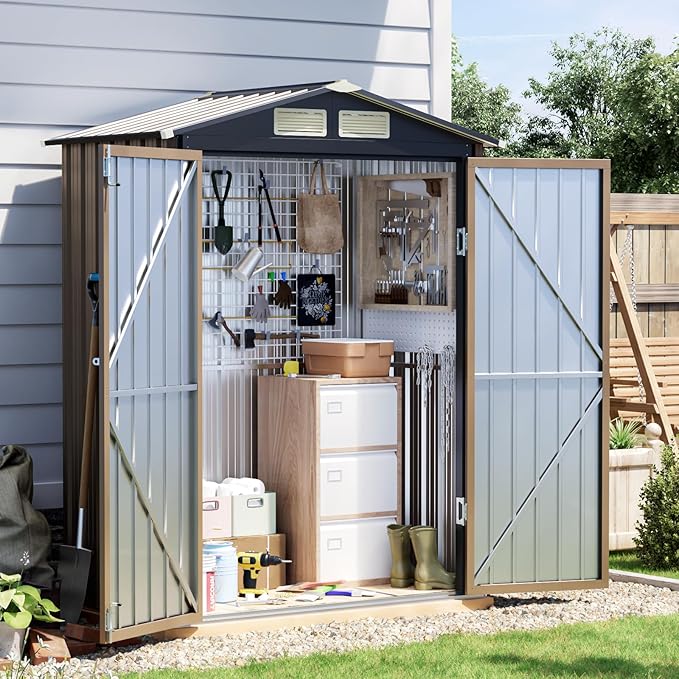 5x3 FT Outdoor Metal Storage Shed, Double Door, 1 Clear Window, Tool Shed for Garden, Patio, Backyard Brown