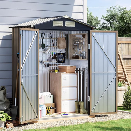 5x3 FT Outdoor Metal Storage Shed with Floor Frame, Double Door, 1 Clear Window, Tool Shed for Garden, Patio, Backyard Brown