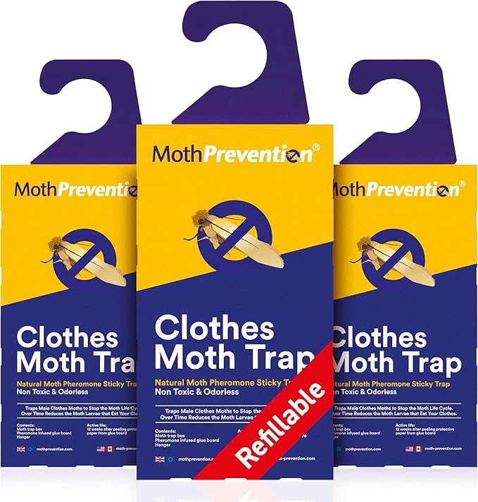 Powerful Moth Traps for Clothes & Closets | Refillable 3-Pack | Odor-Free & Natural | Moth Pheromone Traps for House & Clothing