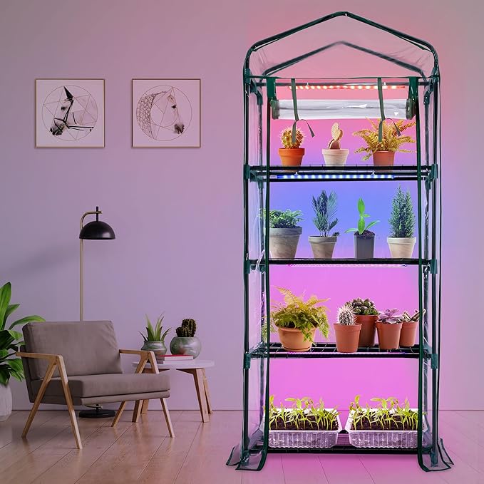 Meonum Indoor Greenhouse with LED Grow Lights, 4 Tier Mini Greenhouse with Roll-Up Zipper PVC Waterproof Cover and Trays, Dimmable Plant Grow Light for Indoor Plant with Timer, 27 L X 19 W X 63 H