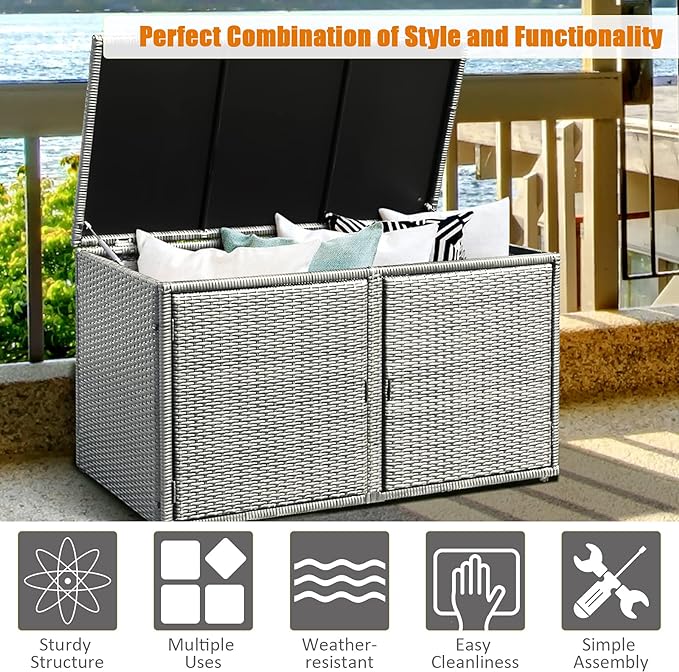 HAPPYGRILL Deck Box Outdoor Patio Pool Storage Box Outside Rattan Wicker Storage Bin Cabinet with Steel Frame Shelf for Garden Balcony Porch Yard Furniture Tools