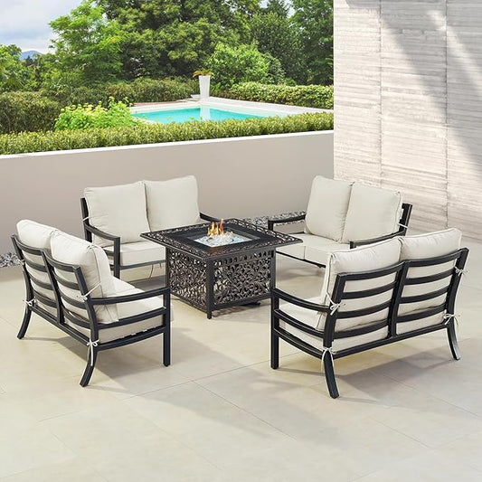 Oakland Living Black Aluminum Patio Fire Table Set with Four Deep Seating Loveseat with Cushions with Light Grey Cushions