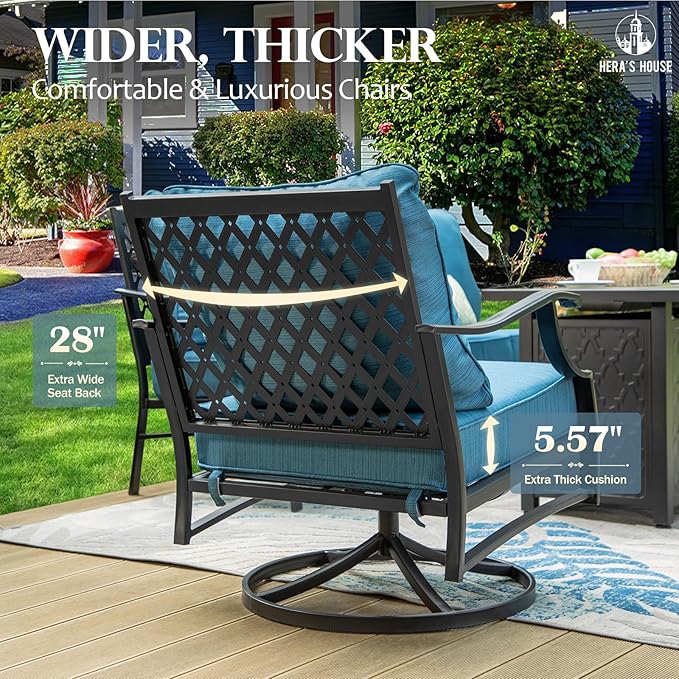 HERA'S HOUSE 5 Piece Patio Furniture Set, 2 x Swivel Chair, 2 x Ottoman, 1 x 3-Seat Sofa, All Cushioned 7 Seats Metal Outdoor Conversation Set for Lawn Garden Backyard