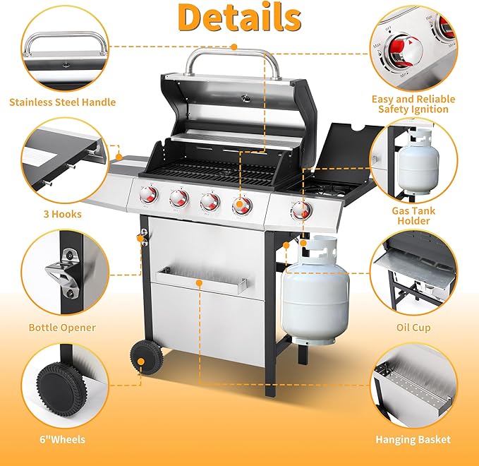 4 Burner Propane Gas Grill Combo w/Side Burner, 3-in-1 BBQ Grill with Charcoal Smoker & Griddle Plate, 46,750 BTU, 448 Sq.In. Stainless Steel Outdoor Cooking Station