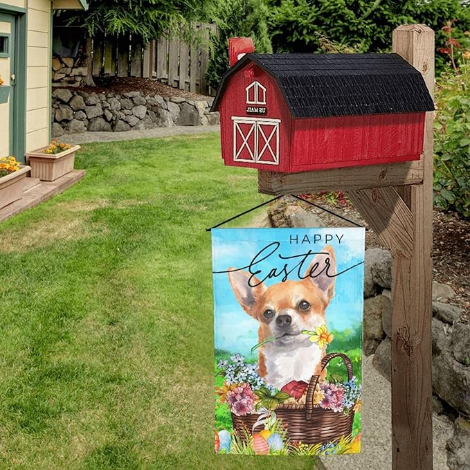 Happy Easter Chihuahua Dog Flowers Eggs Bunny Garden Flag Welcome Party Outdoor Outside Decorations Picks Home House Garden Yard Decor 12x18 Inch
