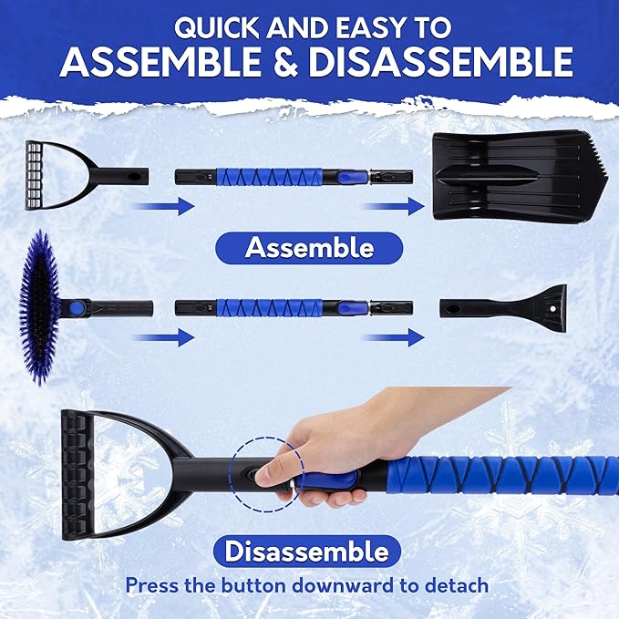 TONDA Snow Brush and Ice Scraper for Car Windshield, 180° Rotating Brush with Squeegee, Extendable Handle with Foam Grip, Snow Shovel for Cars, Trucks & SUVs, Blue