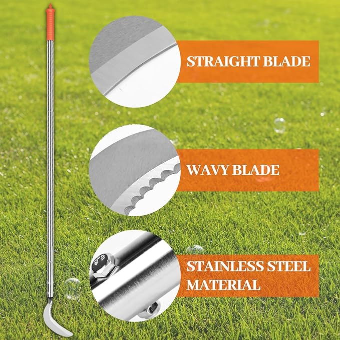 Weeding Sickle,Stainless Steel Long Handle Double Serrated Blade Grass Sickle,Stand Up Weeding Tool,Lightweight Sickle Garden Tool for Yards and Gardens