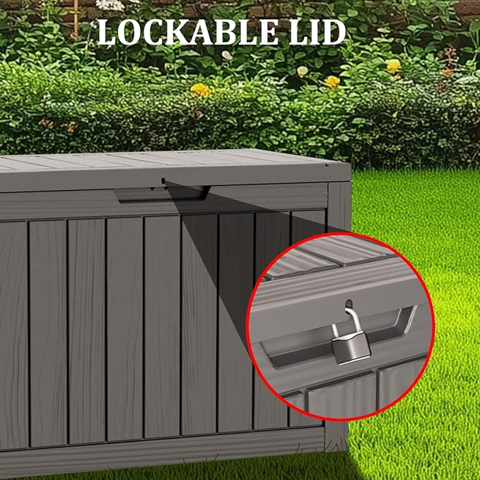 270 Gallon Waterproof Deck Box, Lockable Resin Storage Box for Patio Furniture Cushions Garden Tools and Outdoor Delivery Storage, Coffee