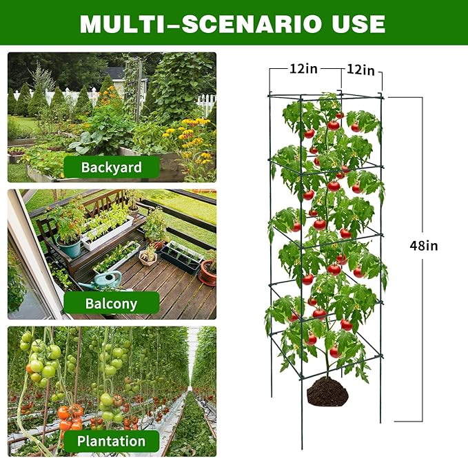 6 Packs Tomato Cages for Garden, 12"×12"×48" Plant Support Cage with Different Spacing, Green Metal Trellis for Climbing Plants Like Cucumber, Flowers
