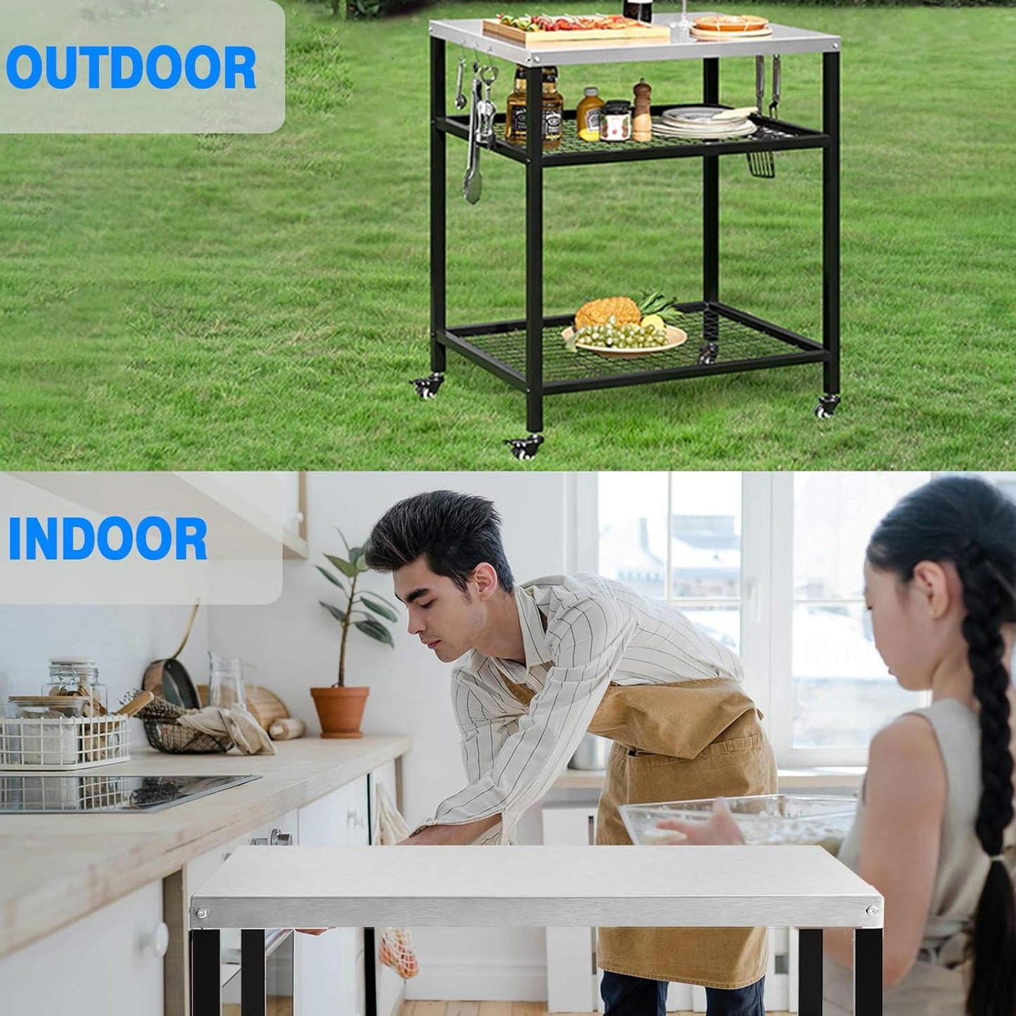 Stainless Steel Outdoor Grill Cart Pizza Oven Stand Trolley Table with Wheels Three-Shelf Movable Food Prep and Work Table Heavy Duty Grill Carts Outdoor Cart 31.5"×24"×35.5"