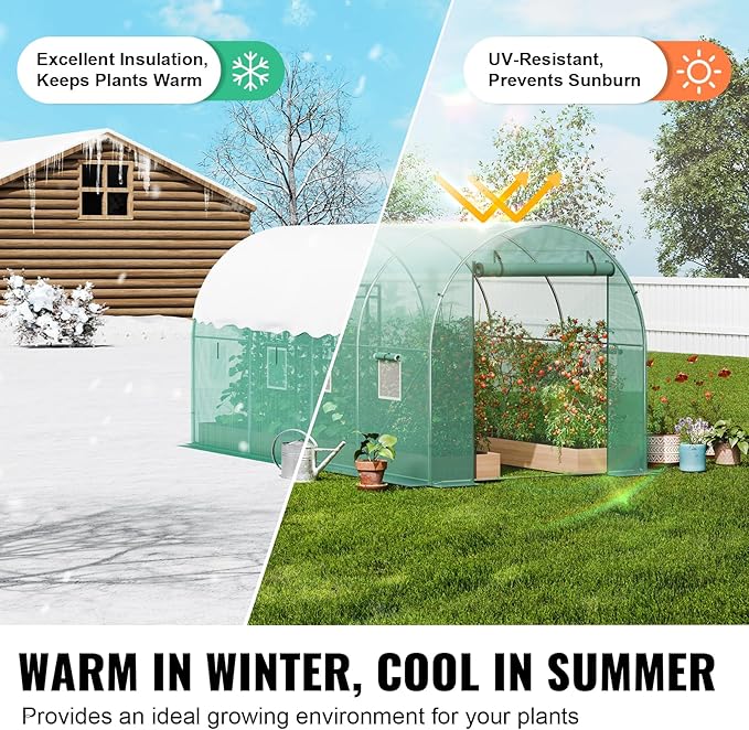 VEVOR Walk-in Tunnel Greenhouse, 11.3x6.4x6.3 ft Hoop House Greenhouse Tunnel, Plant Hot House with Galvanized Steel Frame, Green PE Cover, Roll-up Zipper Door and 6 Windows for Outdoor