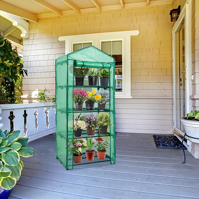 EAGLE PEAK Mini Greenhouse with Wire Shelves, Portable Indoor & Outdoor Green House with Roll-Up Zipper Door, 4 Tier, 27.2"x19.3"x64.2", Clear/Green PE Cover