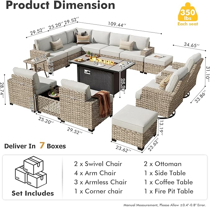 HOOOWOOO Outdoor Sectional Patio Furniture Set with Fire Pit Table,15 Pieces Wicker Conversation Sets L Shaped Couch,Extra Deep Out Door Sofa Outside Furniture with Swivel Chairs Ottomans,Light Gray