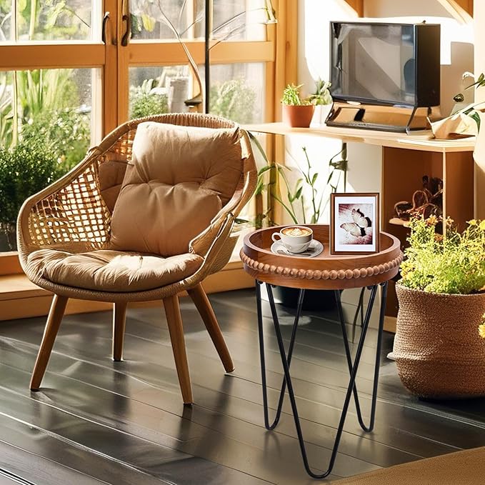 VCUTEKA Outdoor Side Table Round Small Accent Table Wood Patio Side Table End Table with 3 Metal Legs Plant Stand Indoor Coffee Tables