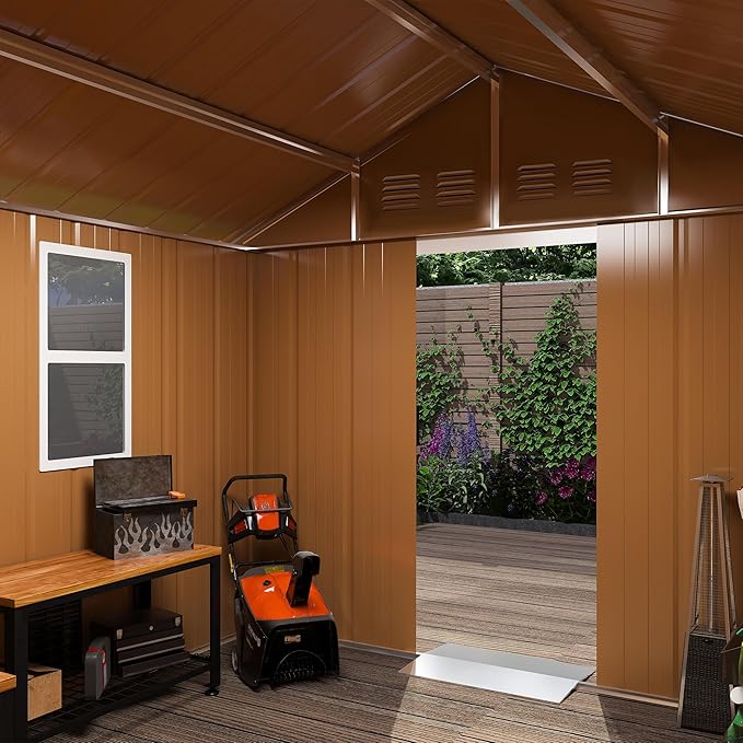 6x4 FT Outdoor Steel Storage Shed with Clear Windows, Sliding Lockable Door & Ventilation, Brown and White Weather-Resistant Metal Tool Shed for Garden, Backyard, Lawn, and Utility Storage
