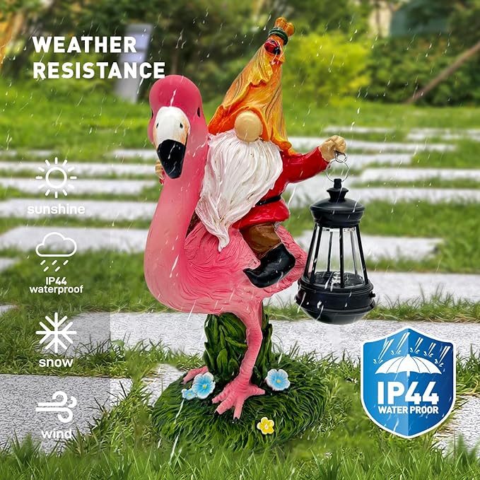 Gnomes Flamingo with Solar Lantern, Whimsical Decor for Garden, Yard, Patio, Lawn, LED Lights - Unique Gift for Women, Mom, Friends(Red Gnomes)