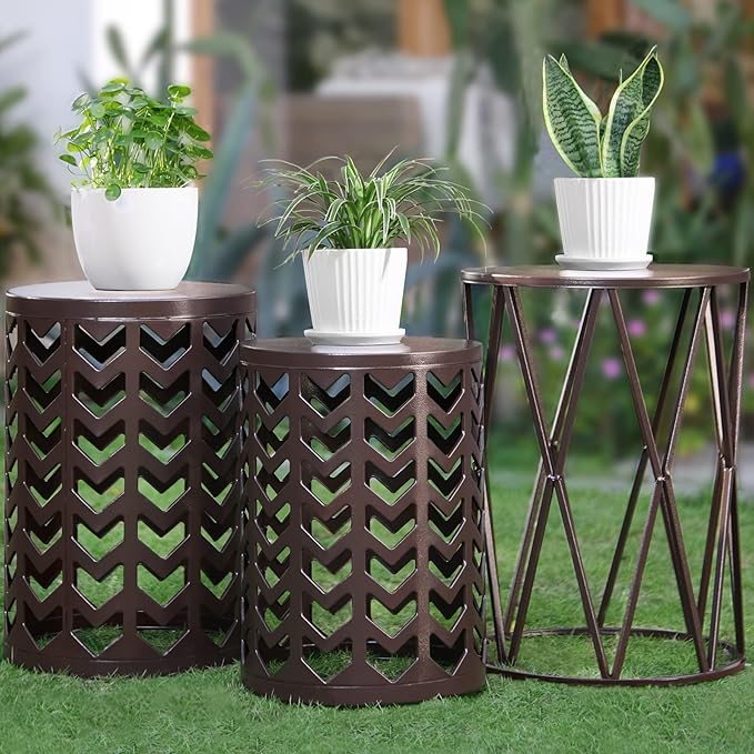 Y&M Set of 3 Round Heavy-Duty Side Table End Table, Coffee Table for Indoor Multifunctional Use, Outdoor Decorative Garden Stool Plant Stand-Pure Brown(Ship from US)