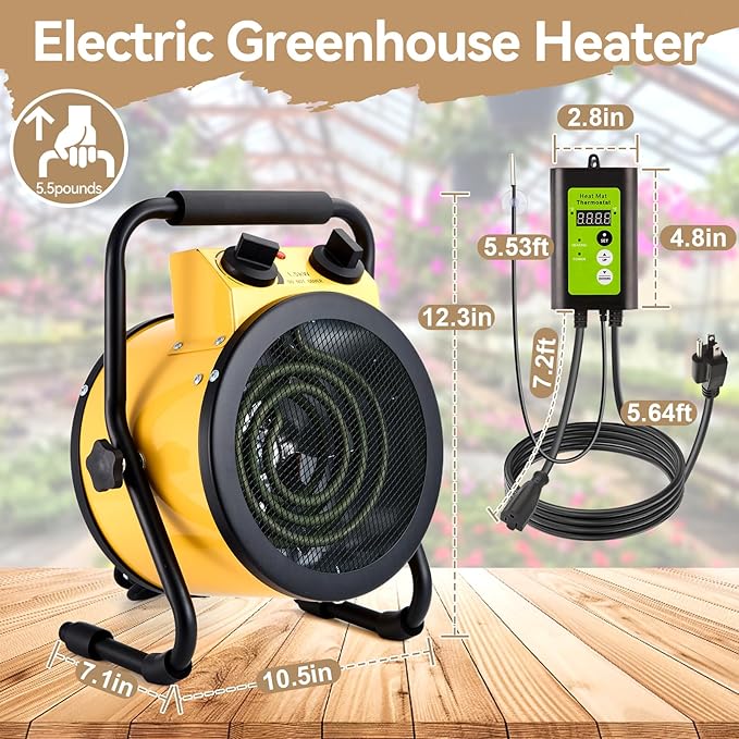 Greenhouse Heater with Digital Thermostat, 1500W Electric Outdoor Heaters for Patio, Fast Heating, Overheat Protection, Dustproof Design for Grow Tent, Green House, Flower Room, YE