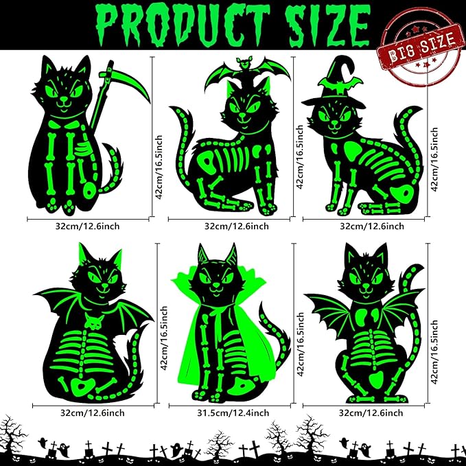 6Pcs Black Cat Halloween Decor Outdoor Glow in The Dark, 16.5”×12.6” Waterproof Spooky Graveyard Yard Stake, Scary Porch and Party Decoration, Light-Up Halloween Cat Sign