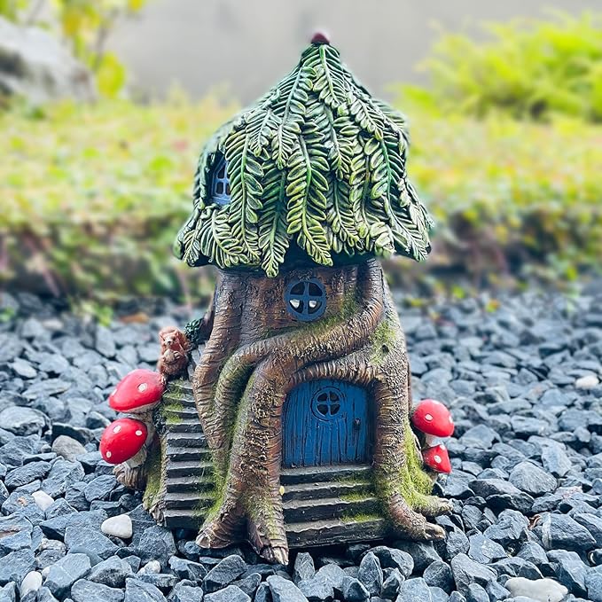 COWOS Solar Light Fairy Tree House, Fairy Garden House Statues,Tree House Figurines with Solar Light for Indoor Outdoor Art Decorations, Patio Yard Lawn Ornaments Gift