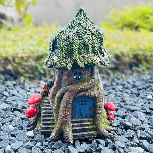 COWOS Solar Light Fairy Tree House, Fairy Garden House Statues,Tree House Figurines with Solar Light for Indoor Outdoor Art Decorations, Patio Yard Lawn Ornaments Gift