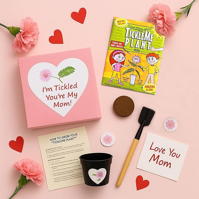 Happy Birthday Mom TickleMe Plant Gift Box Set to Grow A Touch-Sensitive Shy Plant That Closes Its Leaves When You Tickle Or Blow A Kiss | Fun Interactive Grow Kit with Seeds, Pot, Soil, Instructions
