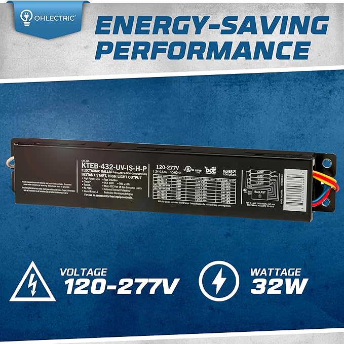 OHLECTRIC 2 Pack - Replacement for Keystone KTEB-432-UV-IS-H-P 4 Lamp T8 Electronic Fluorescent Ballast with High Light Output | 120-277V Input with Instant Start Operation | 1.16 Ballast Factor