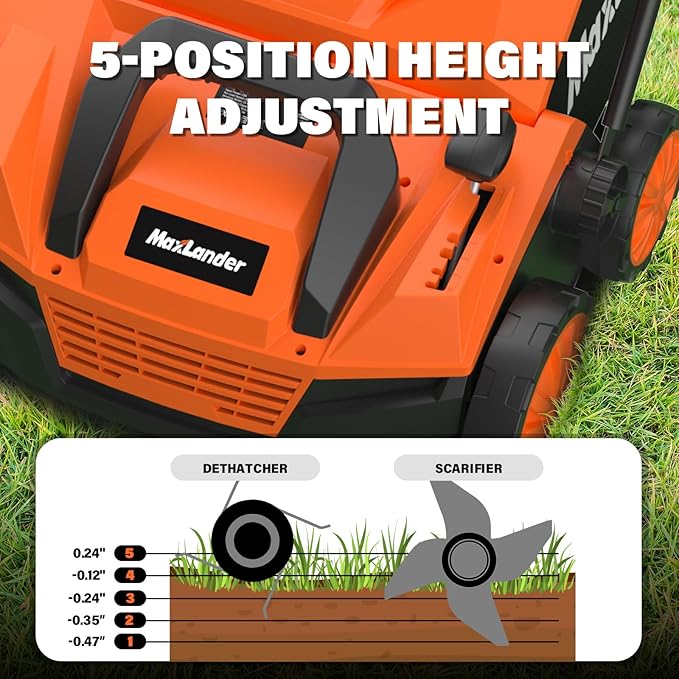 MAXLANDER 15” 13 Amp Electric Dethatcher and Scarifier, 2-in-1 Lawn Dethatcher with 5-Position Depth Adjustment, 45L Removable Collection Bag, Airboost Technology Increases Lawn Health