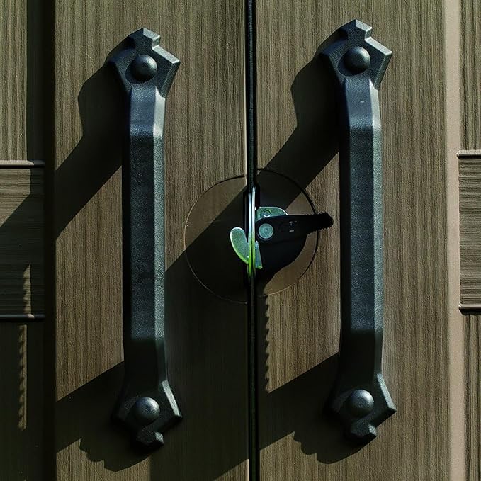 Keter Factor 8 x 11 Foot All Weather Resin Outdoor Storage Shed with 2 Shelves Included and Built-in Ventilation for Backyard Organization, Taupe