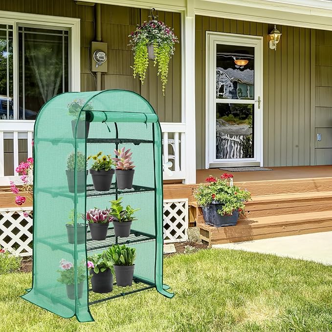 EAGLE PEAK Mini Greenhouse with Wire Shelves, Portable Indoor & Outdoor Green House with Roll-Up Zipper Door, 4 Tier, 31.5”x17.7”x63.0”, Green PE Cover