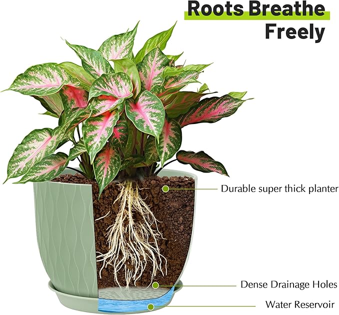 Plastic Plant Pots 10/9/8/7.5/7 inch Set of 5, Flower Planters with Drainage Holes and Saucers, Plastic Pots for Indoor Outdoor Plants, Livingroom Garden Decor (Green)