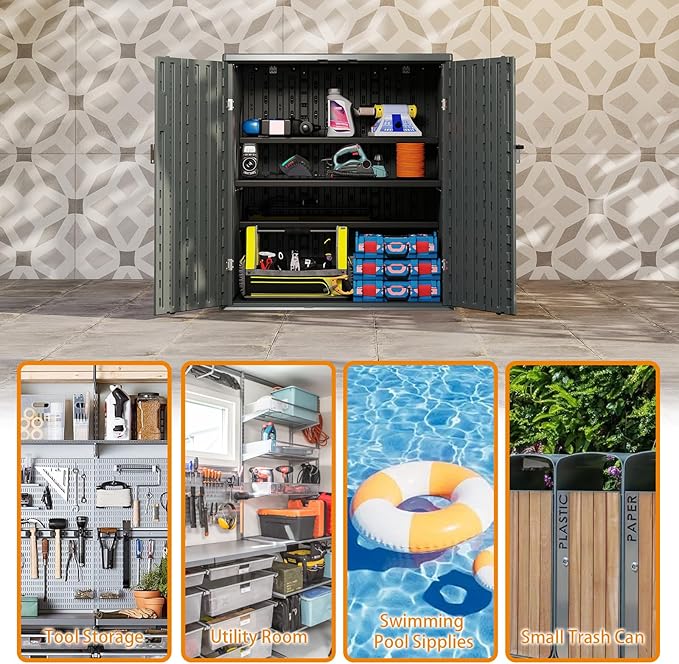 Outdoor Storage Cabinet with 2 Shelves, Waterproof Resin Horizontal Tool Shed, Lockable 15 cuft. Storage Shed for Patio, Garden, Yard, Grey