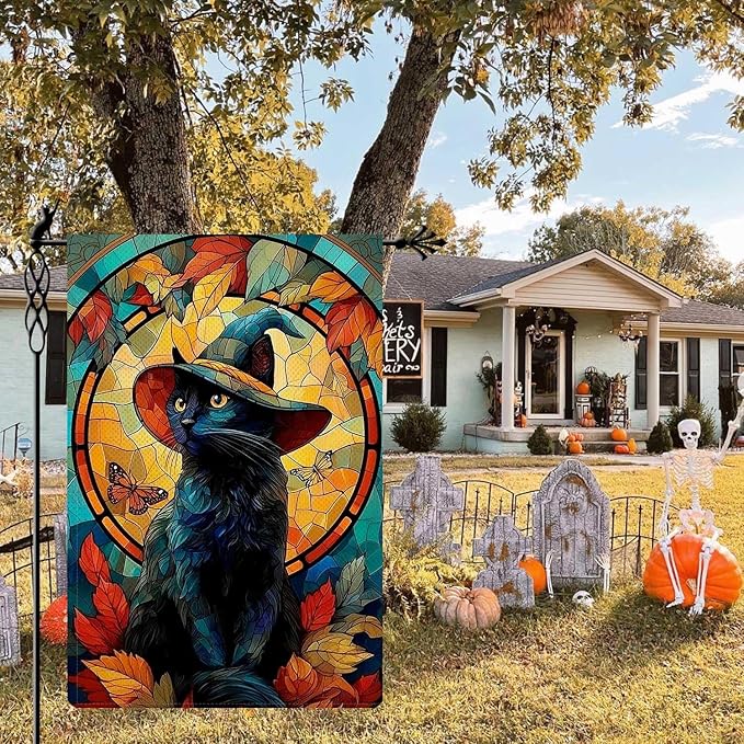 Halloween Wizard Cat Garden Flag Stained Glass Style Holiday Garden Flag Vertical Double Sided Rustic Farmland Burlap Yard Lawn Outdoor Decor 12.5x18"