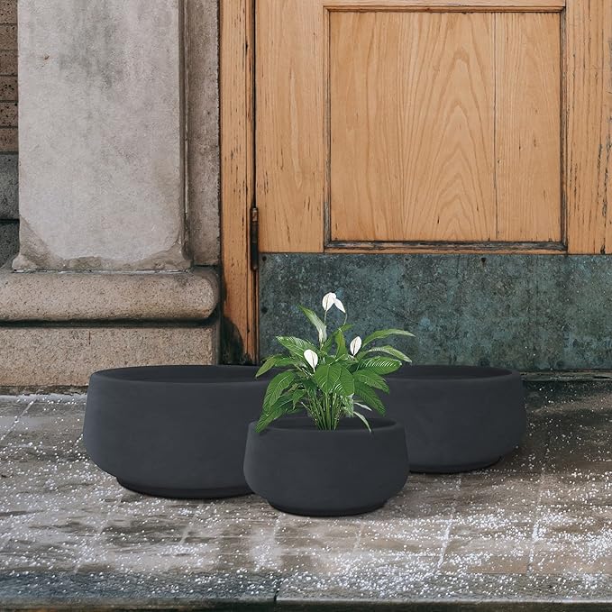 Kante 21.6",16.9",and 12.5" Dia Round Charcoal Elegant Planters (Set of 3), Outdoor Indoor Garden Plant Pot with Drainage Hole and Rubber Plug for Home & Patio