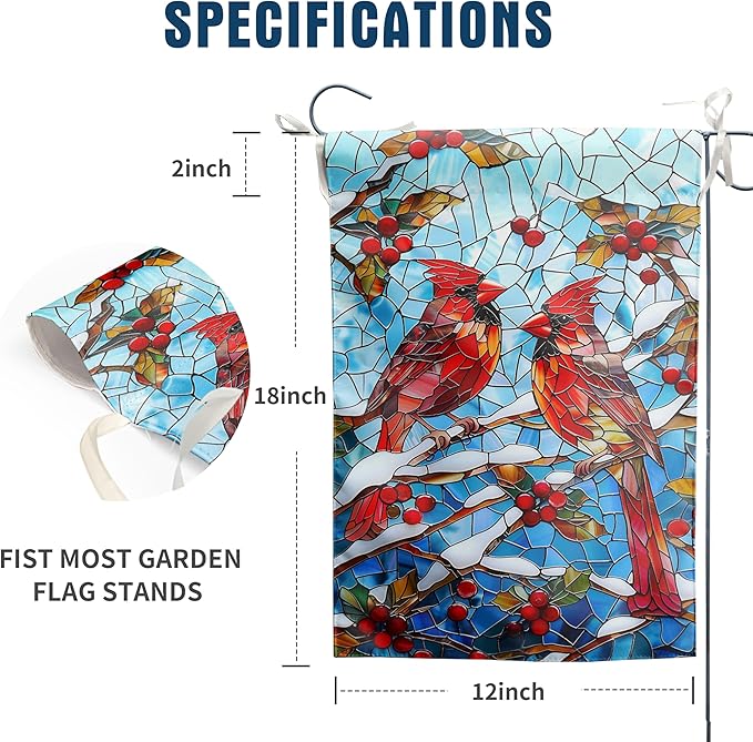 Winter Cardinal Bird Garden Flag for Outside 12x18 Stained Glass Red Birds on Snow Pine Tree Flag Christmas Outdoor Flags Double Sided Welcome New Years Yard Flag